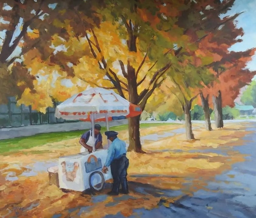 Tree Lined Street & Neighborhood Ice Cream Cart Painting: Tree Lined Street & Neighborhood Ice Cream Cart Painting, Oil on Linen.25" x 27" x 0.75"In-house shipping is available for smaller items. Shipping is available for larger and other fragile items