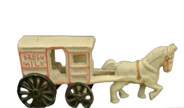 Cast Iron Horse Drawn Milk Wagon: Cast Iron Horse Drawn Milk Wagon.In-house shipping is available for smaller items. Shipping is available for larger and other fragile items through Pac Mail, which is a local shipping option. You may