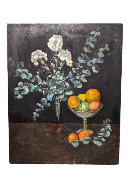 Contemporary Floral Fruit Still Life Painting: Contemporary Floral Fruit Still Life Painting, Gouache on masonite.20" x 16" x 0.12"In-house shipping is available for smaller items. Shipping is available for larger and other fragile items through