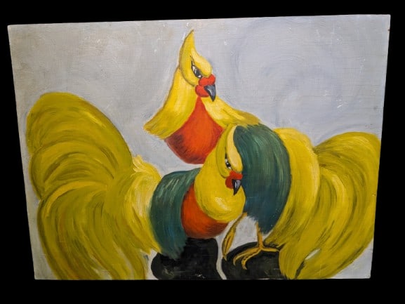 Mid 20th Century Fancy Golden Pheasants: Mid 20th Century Fancy Golden Pheasants, oil on wood panel.19" x 26" x 0.25"In-house shipping is available for smaller items. Shipping is available for larger and other fragile items through Pac