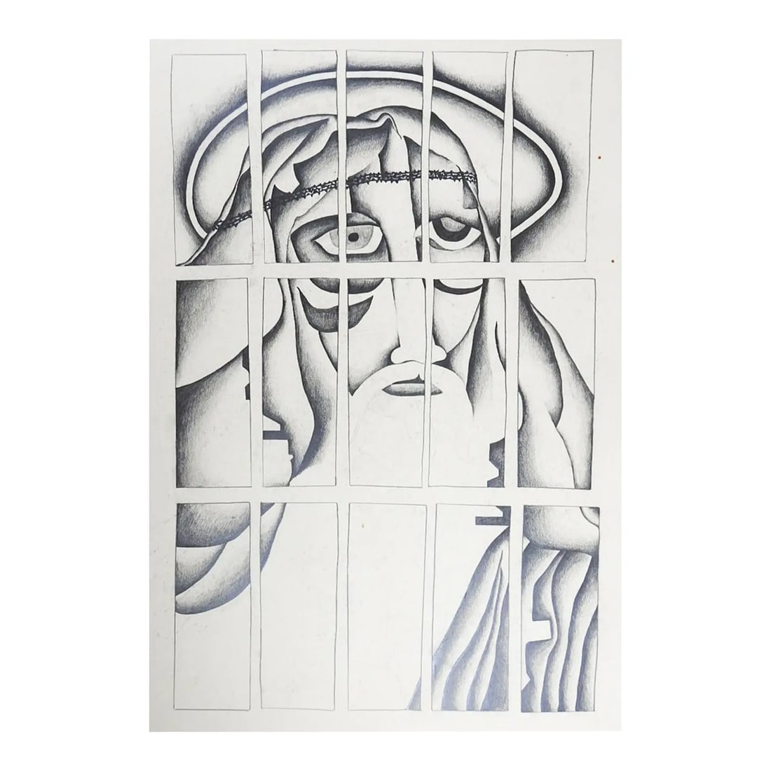 Vintage Modernist Jesus Pencil Portrait Drawing: Vintage Modernist Jesus Pencil Portrait Drawing, pencil.23.5" x 16.5" x 0.1"In-house shipping is available for smaller items. Shipping is available for larger and other fragile items through Pac
