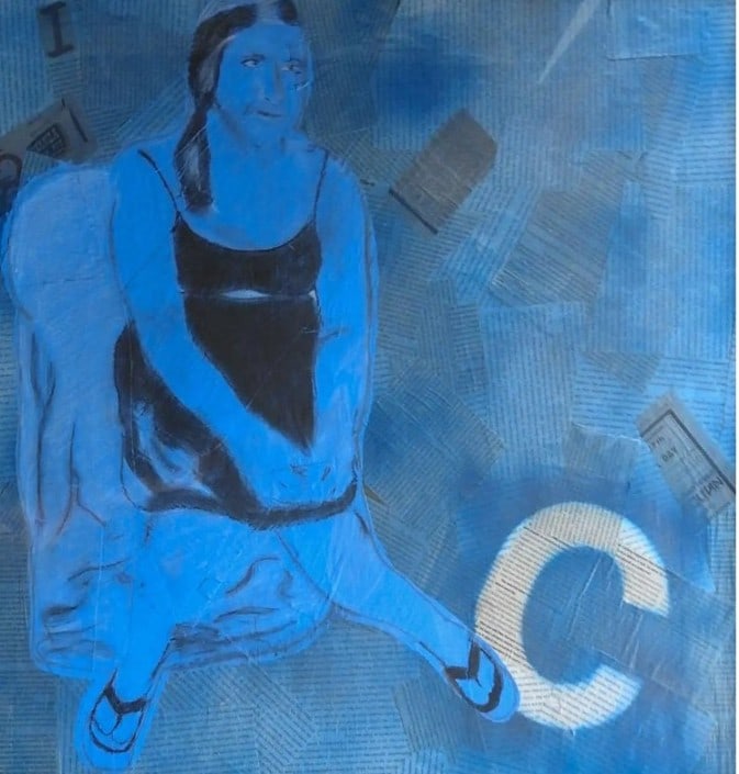 Vintage Portrait in Blue Collage Painting: Vintage Portrait in Blue Collage Painting, mixed media.Sight: 0" x 0"Frame: 26" x 26"Vintage mixed media portrait in blue painting on collage background. Unsigned. Displayed under glass in black