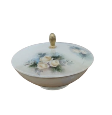 Hand-Painted (by Ruby) Bavarian Porcelain Covered Dish: Hand-Painted (by Ruby) Bavarian Porcelain Covered Dish.4.5" x 6.75"In-house shipping is available for smaller items. Shipping is available for larger and other fragile items through Pac Mail, which