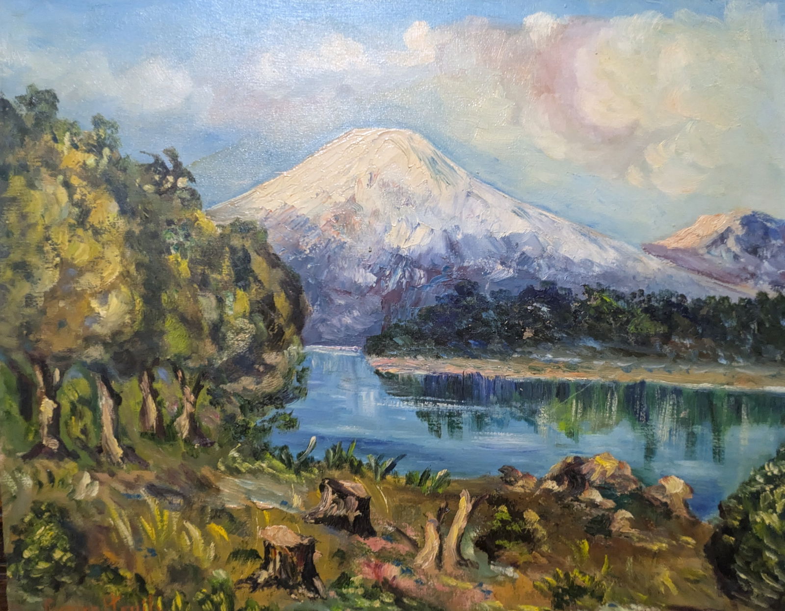 Mountain Range with Lake: Mountain Range with Lake, oil on canvas.17.5" x 21.5"In-house shipping is available for smaller items. Shipping is available for larger and other fragile items through Pac Mail, which is a local