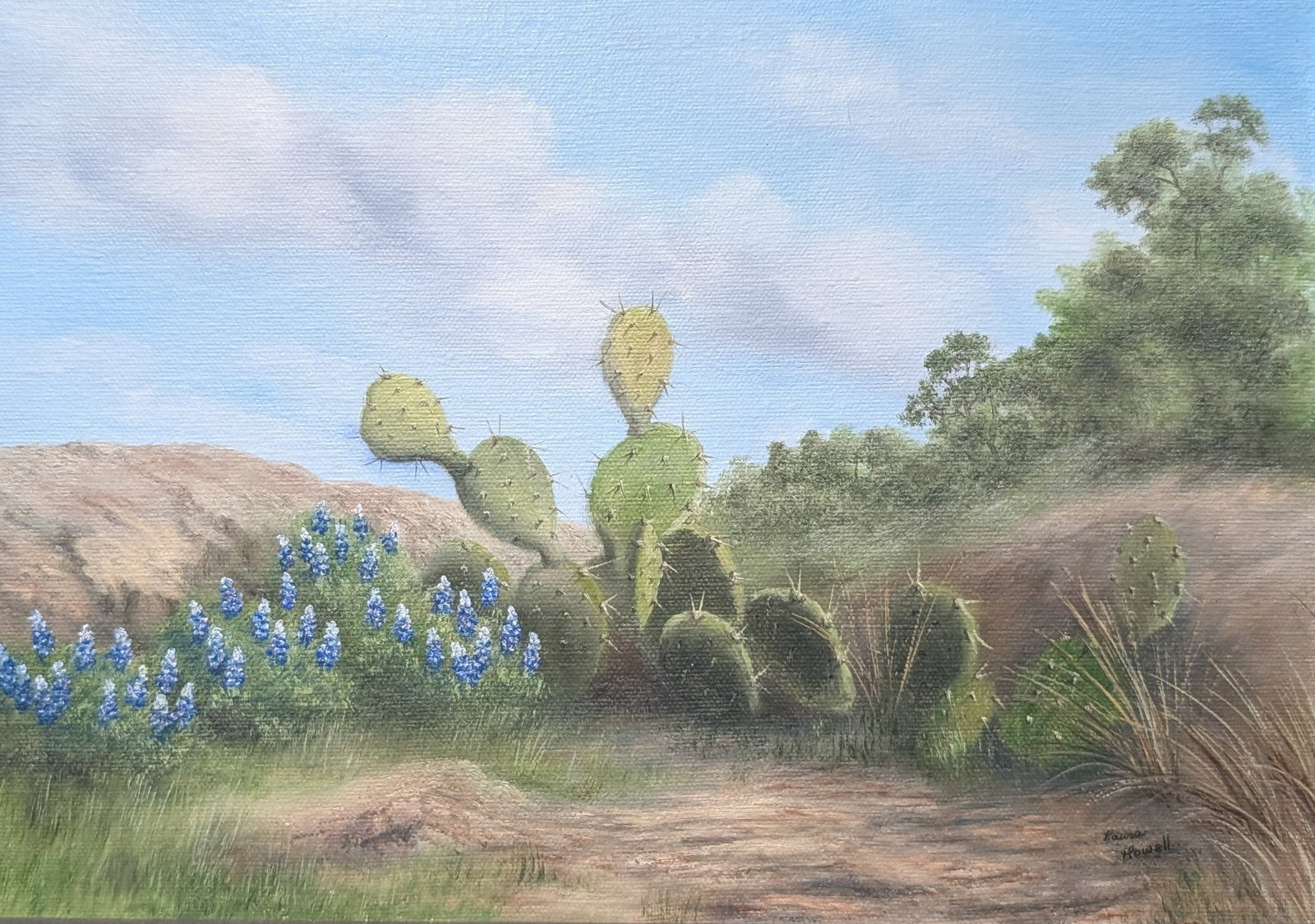 Laura H. Powell, Cactus & Bluebonnets: Laura H. Powell, Cactus & Bluebonnets, oil on canvas. Sight: 9.75" x 11.75" Frame: 16.75" x 19.75" In-house shipping is available for smaller items. Shipping is available for larger and other fragile