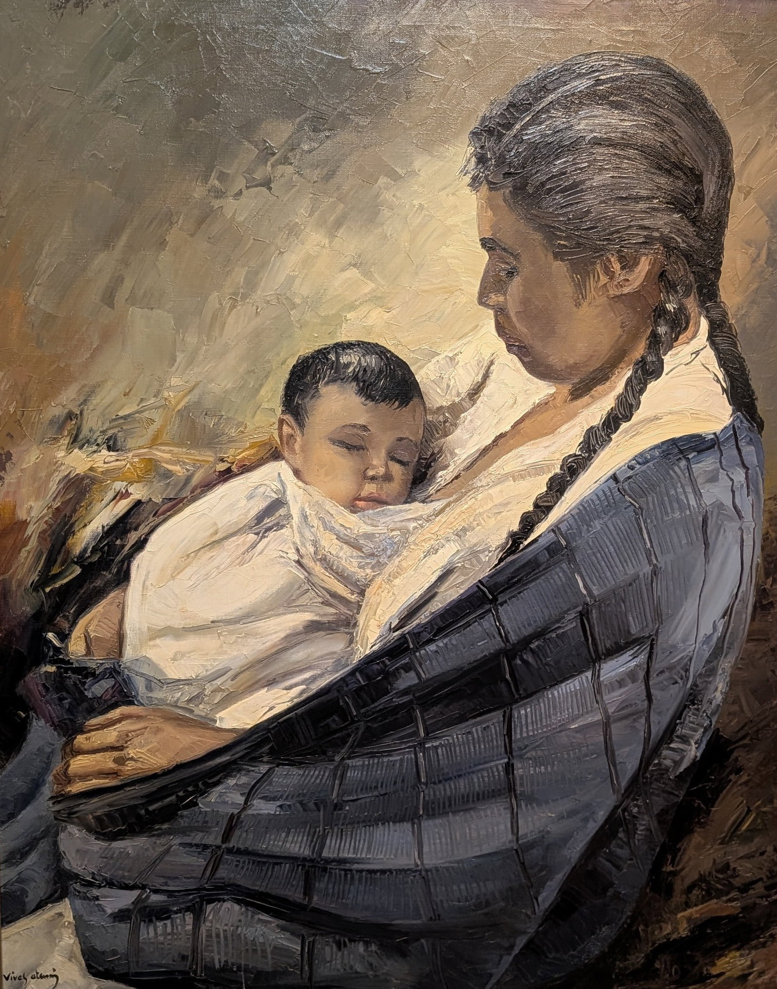 Jose Vivas- Atsara, " Madre Indigena- Texcoco Mexico", 1956: Jose Vivas- Atsara, " Madre Indigena- Texcoco Mexico", 1956, oil on canvas. Sight: 40" x 30" Frame: 51" x 43" Provenance: From the Collection of a New Braunfels Gentleman In-house shipping is