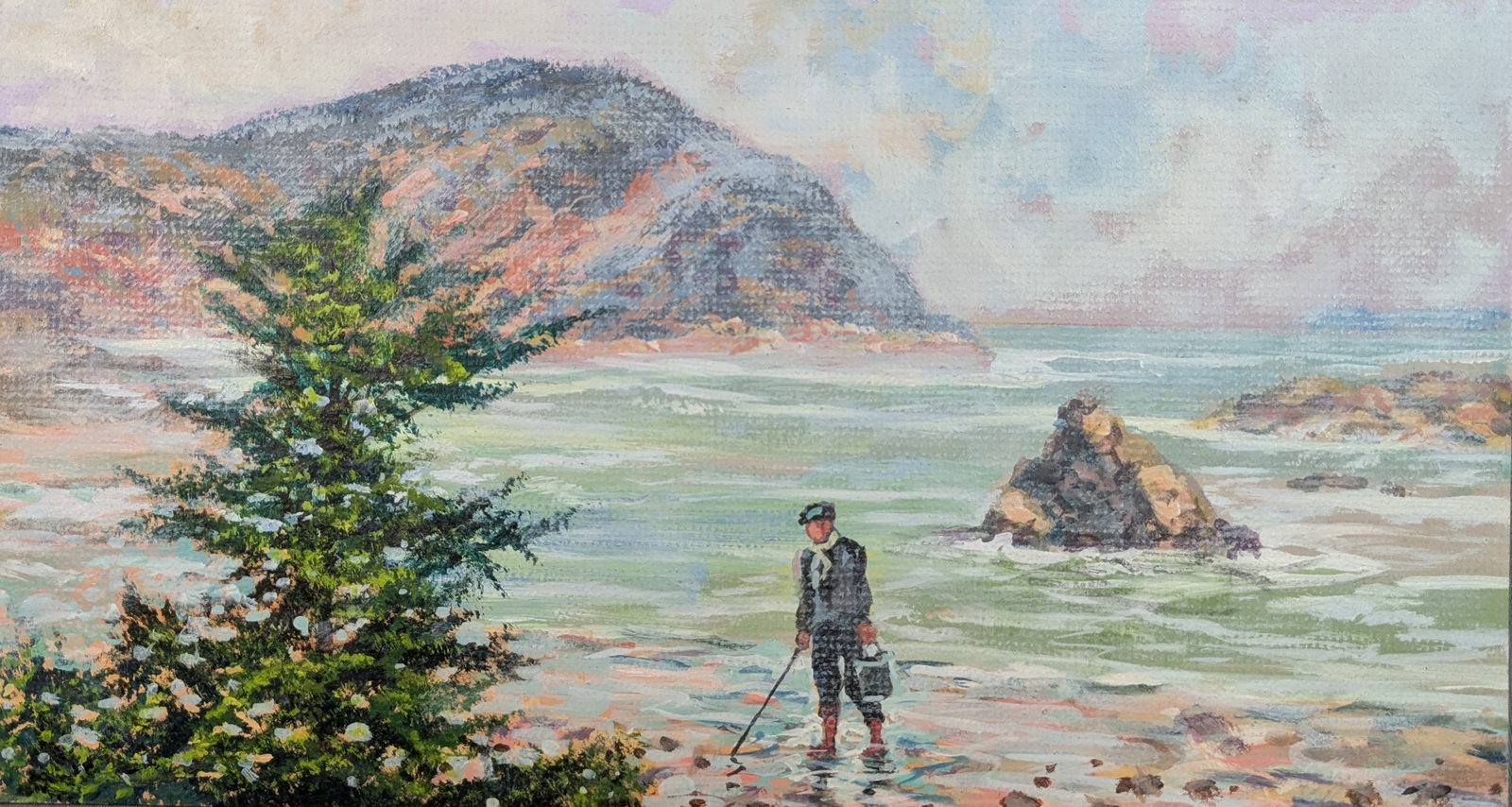 Simon Michael "Spear Fishing": Simon Michael "Spear Fishing", Acrylic on board. 11" x 21" x 0.1" Mid 20th century acrylic on mat board by Simon Michael (1906-2002) Texas. Unsigned, from the estate of the artist, estate label on