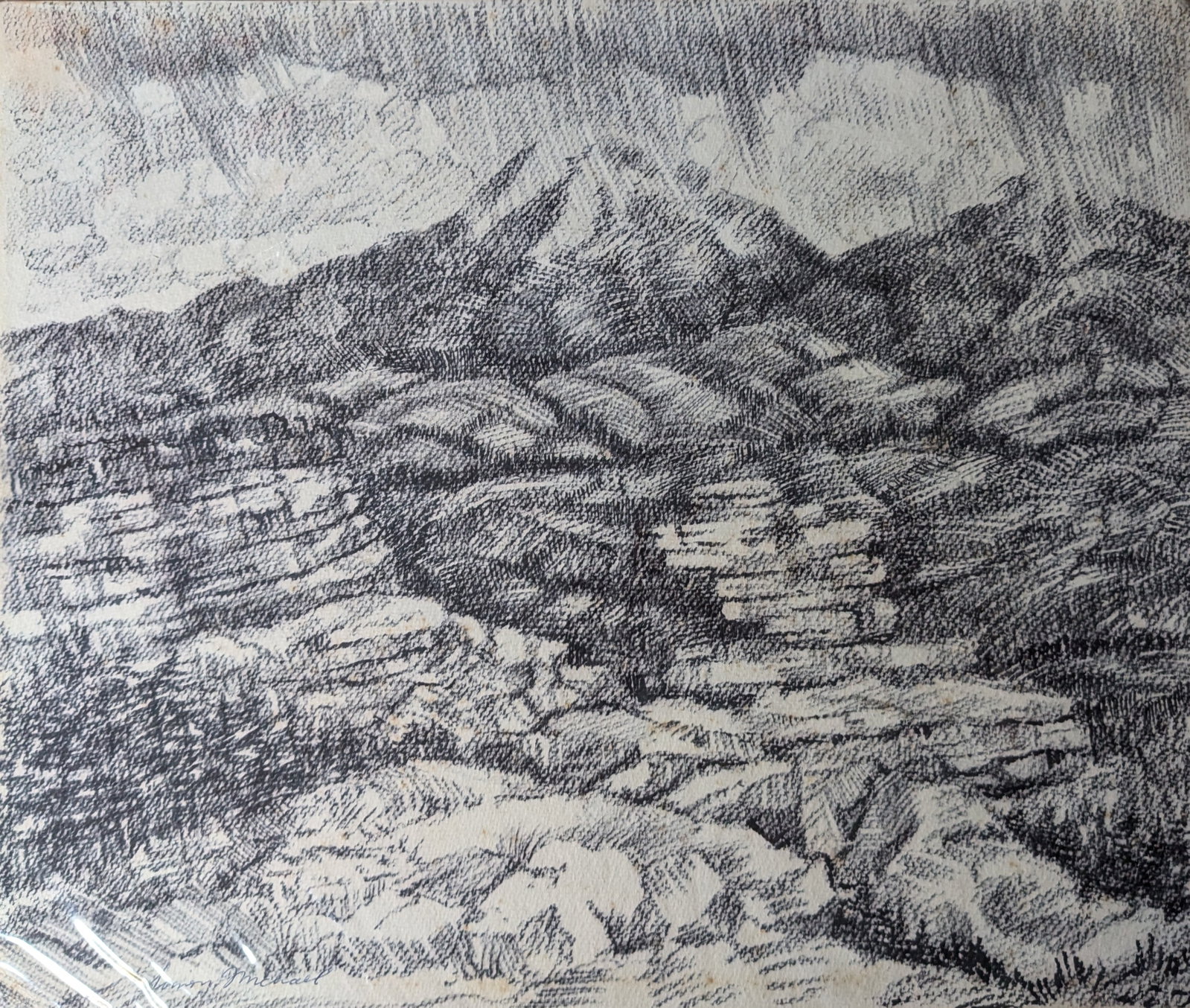 Simon Michael, "Rock Formation": Simon Michael, "Rock Formation", Etching. 15" x 18" Unframed. On paper in plastic sleeve. In-house shipping is available for smaller items. Shipping is available for larger and other fragile items