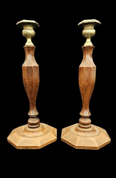 English Oak & Brass Candle Holders: English Oak & Brass Candle Holders. In-house shipping is available for smaller items. Shipping is available for larger and other fragile items through Pac Mail, which is a local shipping option. You