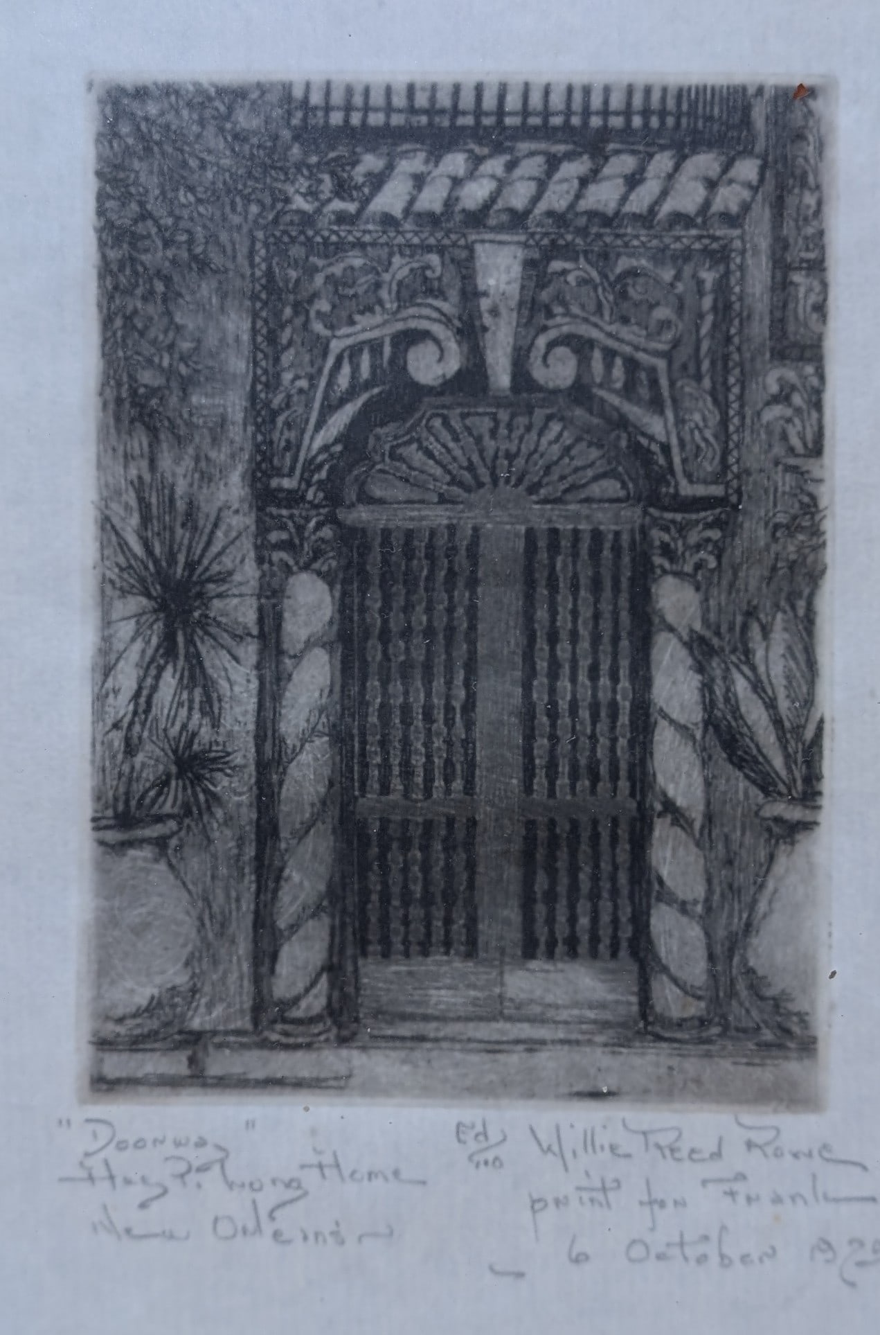 Willie Reed Rowe, "Doorway": Willie Reed Rowe, "Doorway", Etching. Sight: 6.75" x 4.5" Frame: 11.25" x 9.25" In-house shipping is available for smaller items. Shipping is available for larger and other fragile items through Pac