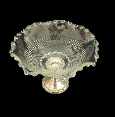 Sterling Silver Footed Glass Candy Dish: Sterling Silver Footed Glass Candy Dish. 4.25" x 5.75" In-house shipping is available for smaller items. Shipping is available for larger and other fragile items through Pac Mail, which is a local