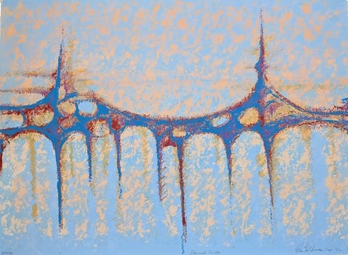 E. Goldman Mid 20th Century Peacock Bridge Serigraph 26/40: E. Goldman Mid 20th Century Peacock Bridge Serigraph 26/40, Serigraph. 19" x 26" x 0.1" Serigraph 26/40 In-house shipping is available for smaller items. Shipping is available for larger and other