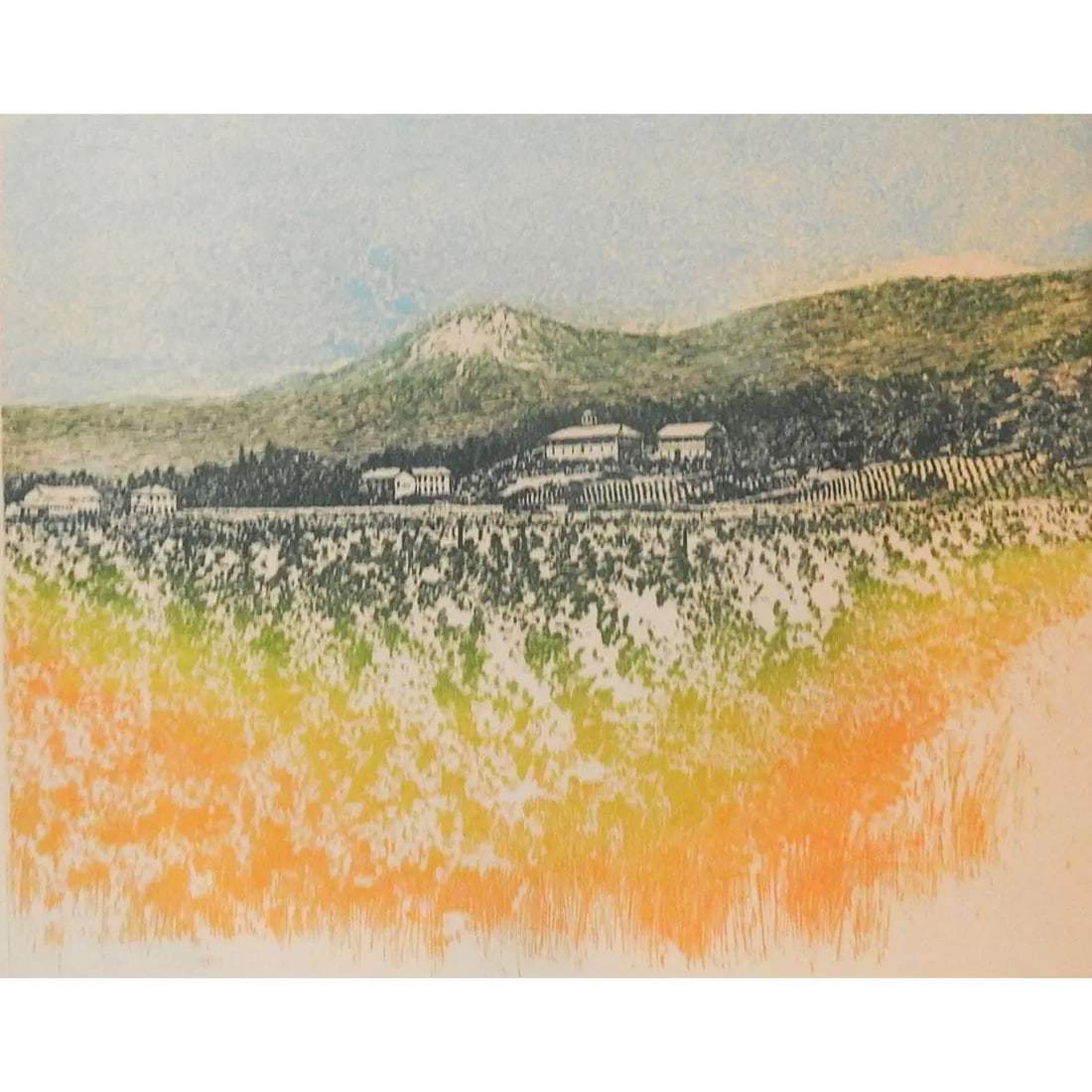 Mid 20th Century Colored Etching of Mountain Retreat: Mid 20th Century Colored Etching of Mountain Retreat, Etching. 23" x 27" x 0.1" In-house shipping is available for smaller items. Shipping is available for larger and other fragile items through Pac