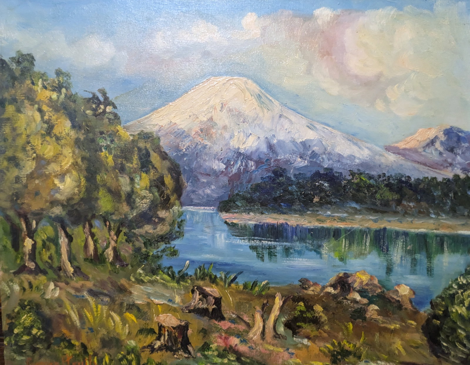 Mountain Range with Lake: Mountain Range with Lake, oil on canvas. 17.5" x 21.5" In-house shipping is available for smaller items. Shipping is available for larger and other fragile items through Pac Mail, which is a local shi