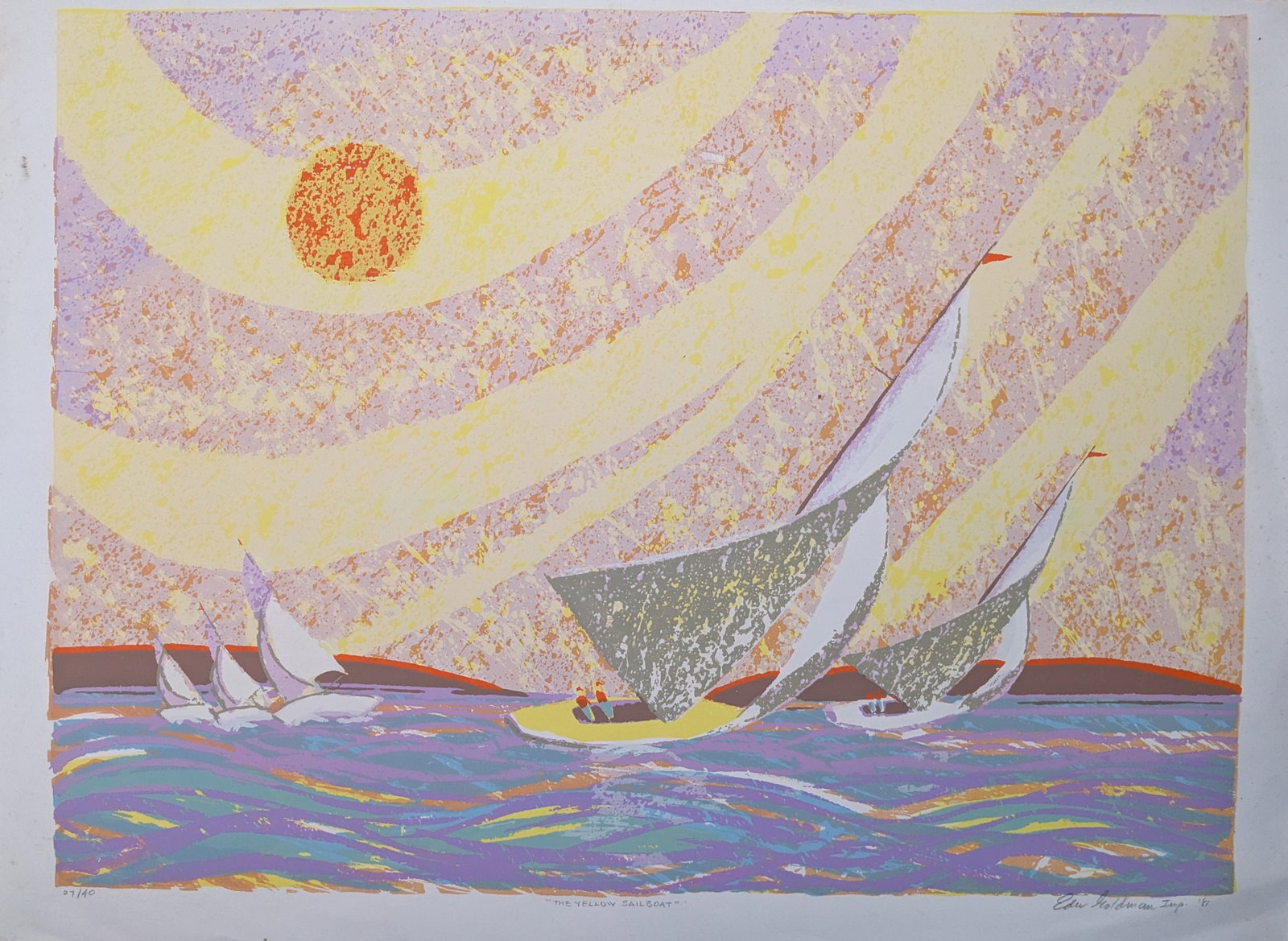 E. Goldman,"The Yellow Sailboat": E. Goldman,"The Yellow Sailboat", Print. Signed 27/40. Unframed. In-house shipping is available for smaller items. Shipping is available for larger and other fragile items through Pac Mail, which is
