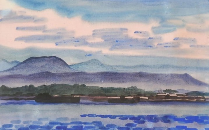 Late 20th Century Evening River Boats Landscape Watercolor: Late 20th Century Evening River Boats Landscape Watercolor, watercolor on paper. Sight: 17" x 11" Frame: 19.75" x 25.75" Vintage late 20th century watercolor on paper painting of evening along river a