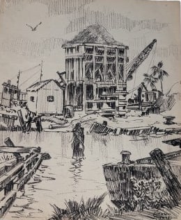 Simon Michael, "Pier with Building on Shore": Simon Michael, "Pier with Building on Shore", Sketch. 18" x 15" Etching in a plastic sleeve. Marked On back "SM- 579" In-house shipping is available for smaller items. Shipping is available for