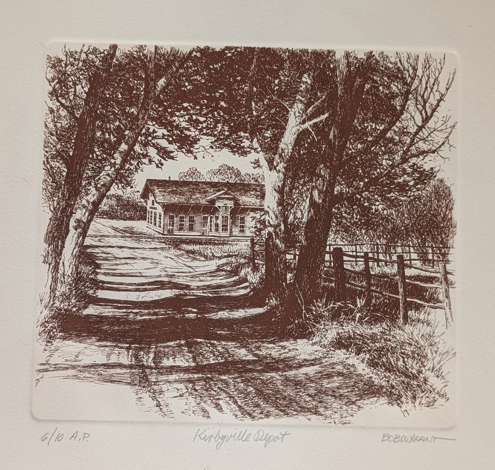 "Kirbyville Depot", Bo Bayfant: "Kirbyville Depot", Bo Bayfant, Print. signed 6/10 A.P. In-house shipping is available for smaller items. Shipping is available for larger and other fragile items through Pac Mail, which is a local sh