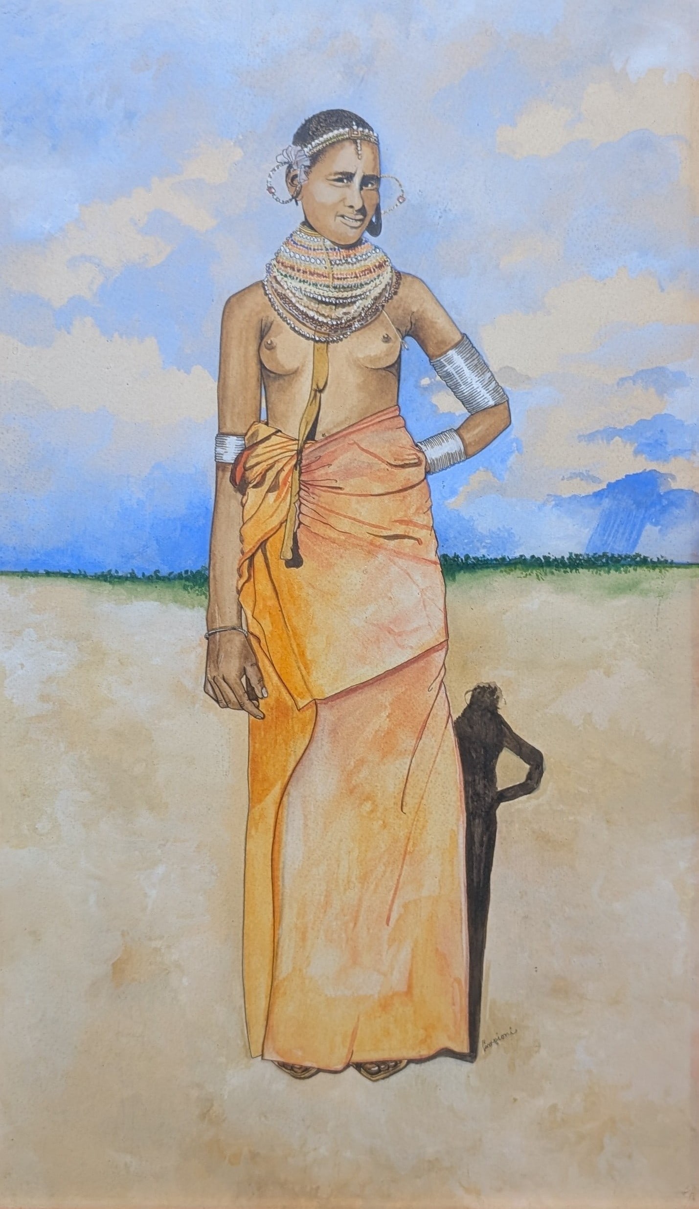 Freddrick Campioni Garcia, Samburu Woman: Freddrick Campioni Garcia, Samburu Woman watercolor. Sight: 8.75" x 15.25" Frame: 21.25" x 14.75" In-house shipping is available for smaller items. Shipping is available for larger and other fragile