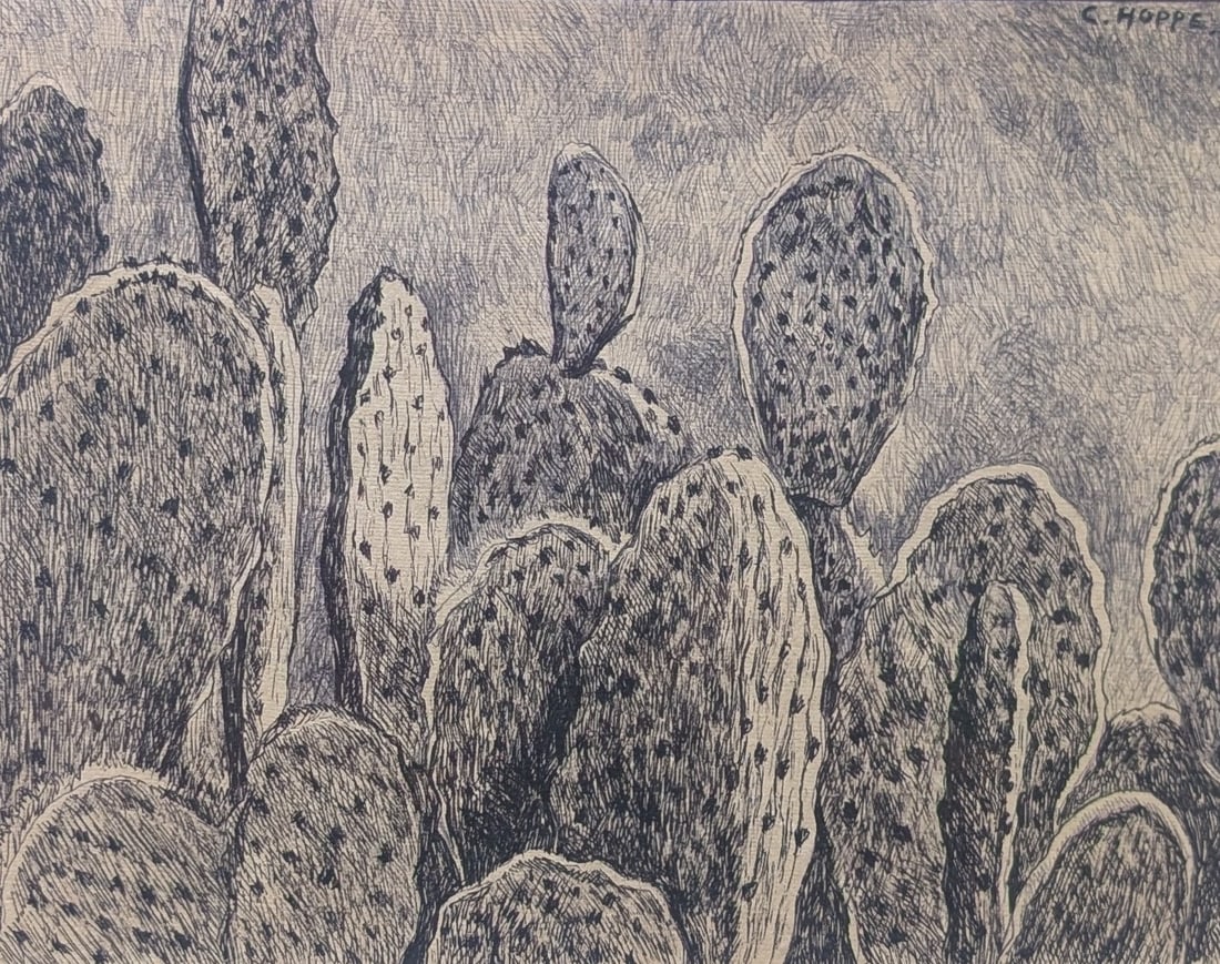 Carl Thomas Hoppe, "Cactus": Carl Thomas Hoppe, "Cactus", Ink on paper Sight: 7.25" x 9.25" Frame: 17.5" x 19.5" In-house shipping is available for smaller items. Shipping is available for larger and other fragile items through