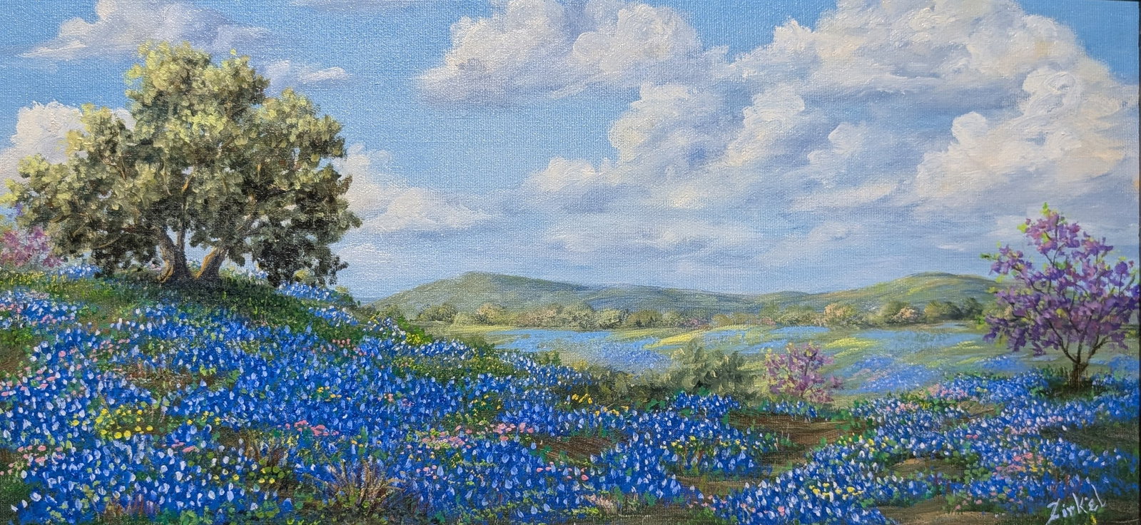 Mary Zirkel, "Bluebonnets & Redbuds": Mary Zirkel, "Bluebonnets & Redbuds", oil on canvas. Sight: 7.75" x 15.25" Frame: 13.5" x 21.25" In-house shipping is available for smaller items. Shipping is available for larger and other fragile it