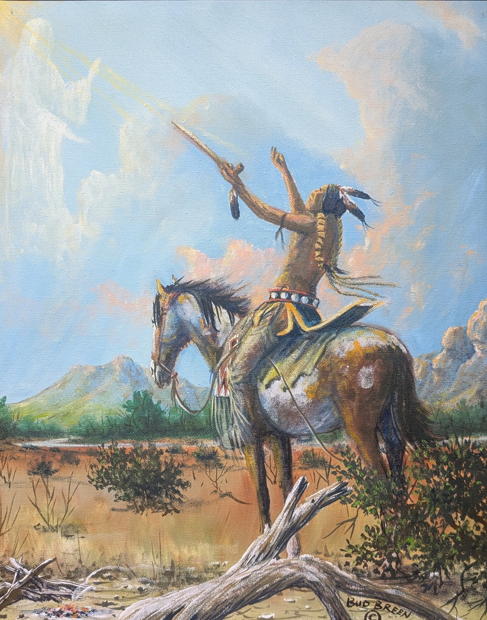 Bud Breen, "Reaching for Heaven": Bud Breen, "Reaching for Heaven", oil on canvas. Sight: 19.25" x 15.75" Frame: 26.25" x 21.75" In-house shipping is available for smaller items. Shipping is available for larger and other fragile