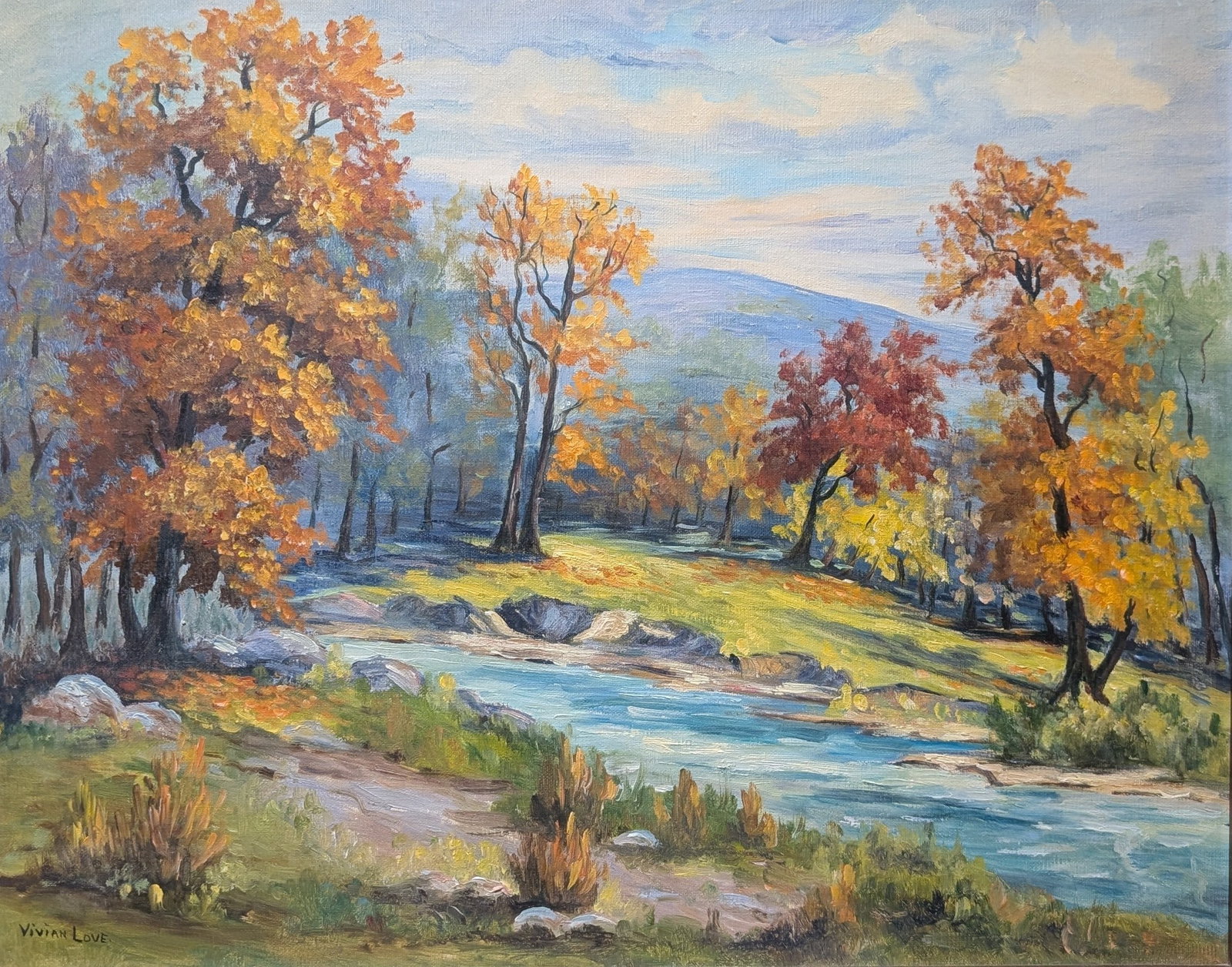 Vivian Love, "Fall & River Landscape": Vivian Love, "Fall & River Landscape", oil on canvas. Sight: 15.25" x 19.25" Frame: 23.5" x 28" In-house shipping is available for smaller items. Shipping is available for larger and other fragile