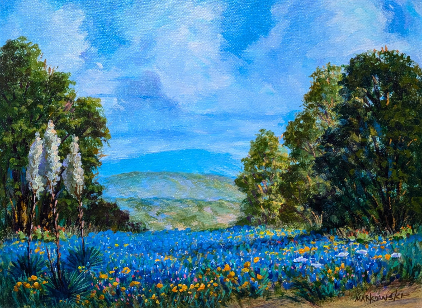 Bill Markowski, "Bluebonnet Landscape": Bill Markowski, "Bluebonnet Landscape", oil on board. Sight: 12" x 16" Frame: 18" x 22" Bill Markowski (1922 - 1998) was active/lived in New York, Texas / Mexico. Bill Markowski is known for Portrait 