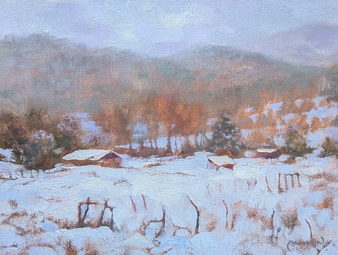 Chuck Mauldin, "First Snow": Chuck Mauldin, "First Snow", oil on canvas. Sight: 10.75" x 19.5" Frame: 20" x 28" In-house shipping is available for smaller items. Shipping is available for larger and other fragile items through