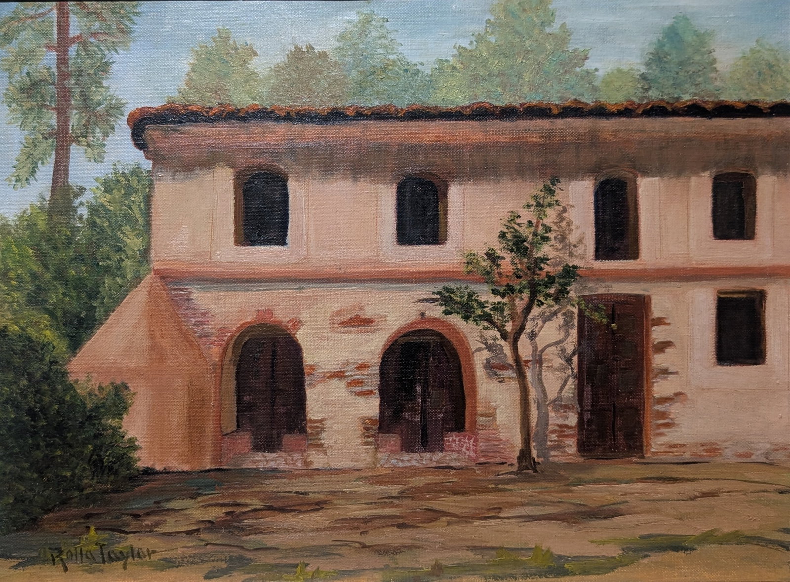 Rolla "Sims" Taylor, Spanish Styled Building: Rolla "Sims" Taylor, Spanish Styled Building, oil on board. Sight: 11.25" x 15.25" Frame: 16.25" x 20.5" In-house shipping is available for smaller items. Shipping is available for larger and other fr