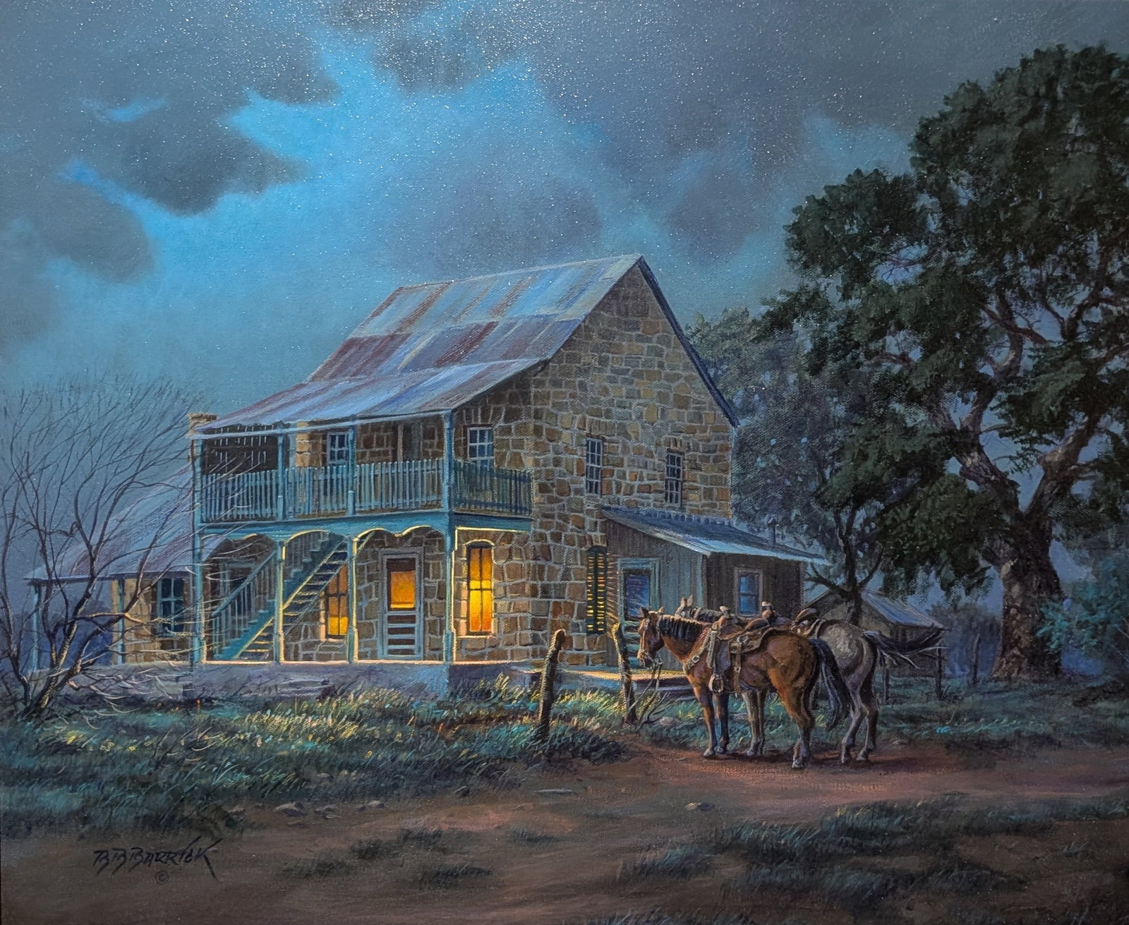 Bill B. Barrick, "Late Light on Llano": Bill B. Barrick, "Late Light on Llano", oil on canvas. Sight: 15.25" x 23" Frame: 28.75" x 30.75" In-house shipping is available for smaller items. Shipping is available for larger and other fragile