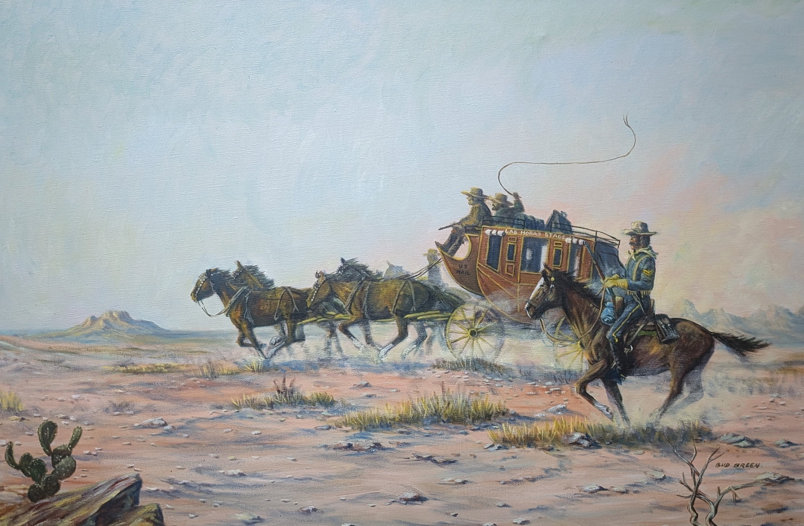 Bud Breen, "Las Moras Stage": Bud Breen, "Las Moras Stage", oil on canvas. Sight: 23.25" x 35.25" Frame: 31.5" x 43.75" In-house shipping is available for smaller items. Shipping is available for larger and other fragile items thr