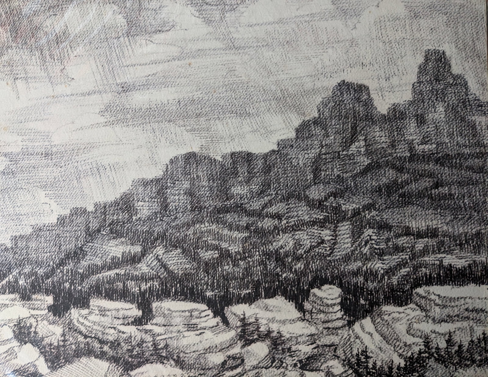Simon Michael, "Rock Formation": Simon Michael, "Rock Formation", Etching. 15" x 18" Unframed. On paper in plastic sleeve. In-house shipping is available for smaller items. Shipping is available for larger and other fragile items