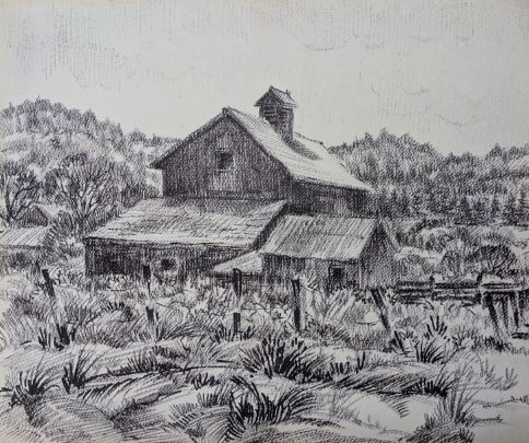Simon Michael, "Barn & Fence": Simon Michael, "Barn & Fence", Etching. 15" x 18" Unframed. On paper in plastic sleeve. In-house shipping is available for smaller items. Shipping is available for larger and other fragile items