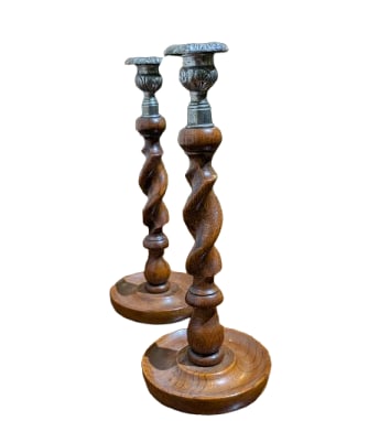English Oak Barley Candle Holders: English Oak Barley Candle Holders. In-house shipping is available for smaller items. Shipping is available for larger and other fragile items through Pac Mail, which is a local shipping option. You