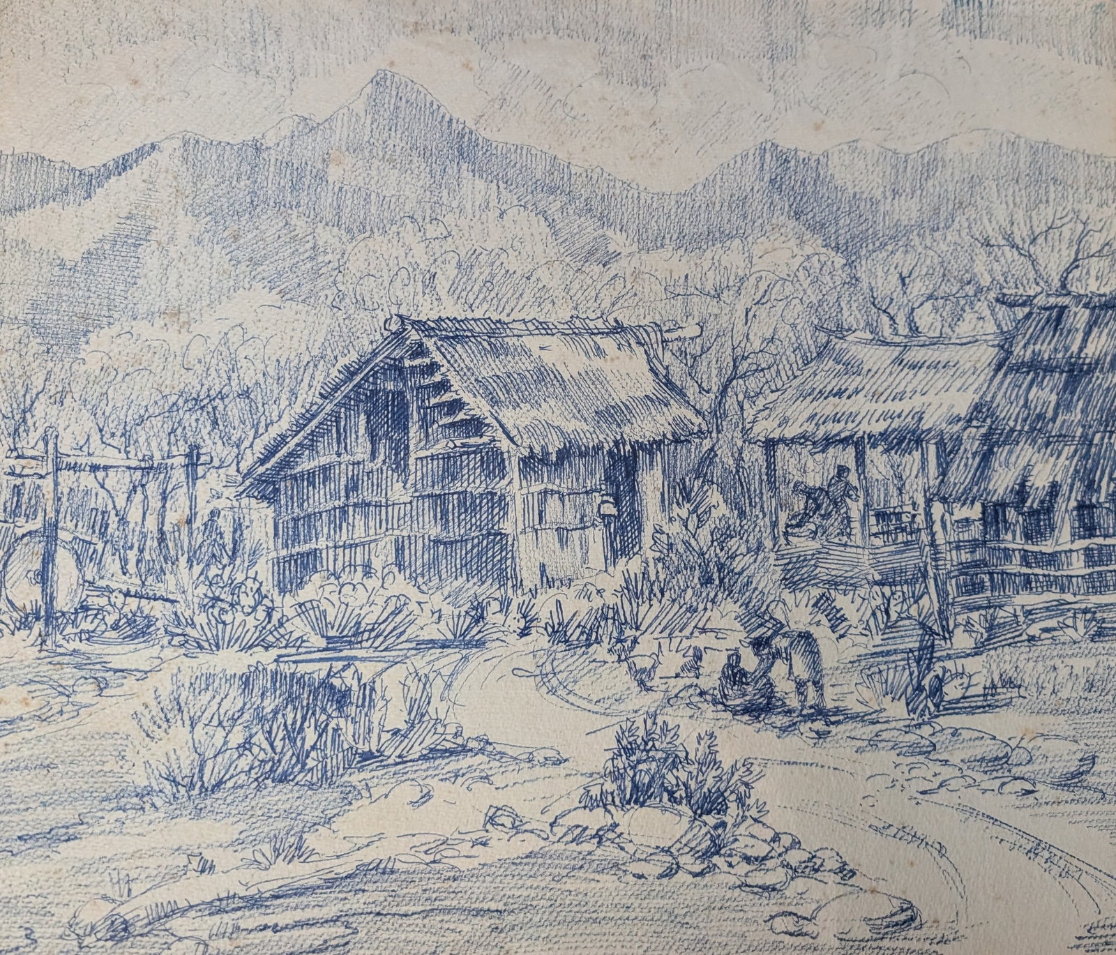 Simon Michael, "Blue Sketch of Huts": Simon Michael, "Blue Sketch of Huts", Sketch. 15" x 18" Unframed. Inside plastic sleeve. Marked "SM-605" In-house shipping is available for smaller items. Shipping is available for larger and other