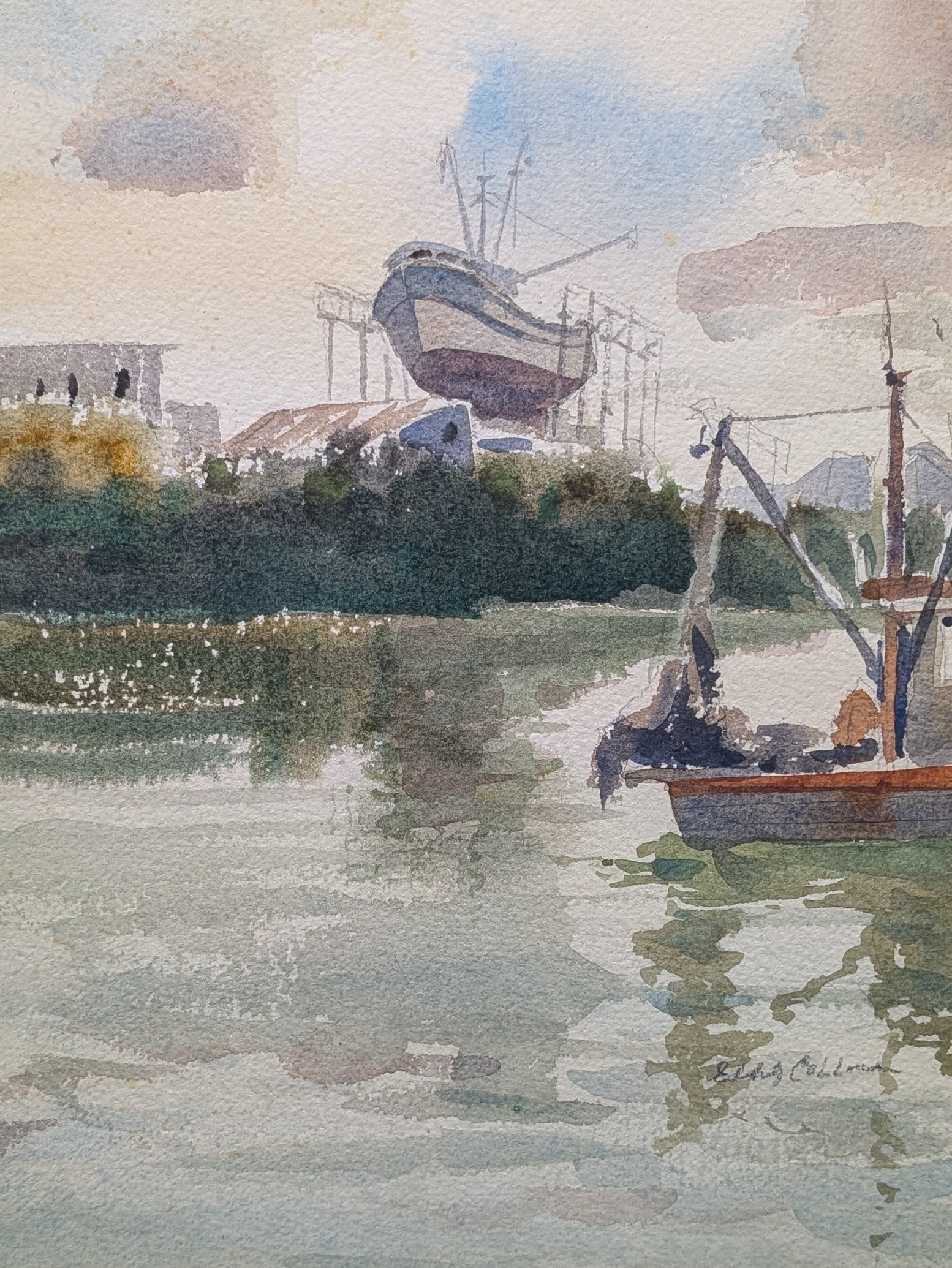 Edith Collins, "Boatyard": Edith Collins, "Boatyard", watercolor. Sight: 13.5" x 10.25" Frame: 22.5" x 18.75" In-house shipping is available for smaller items. Shipping is available for larger and other fragile items through