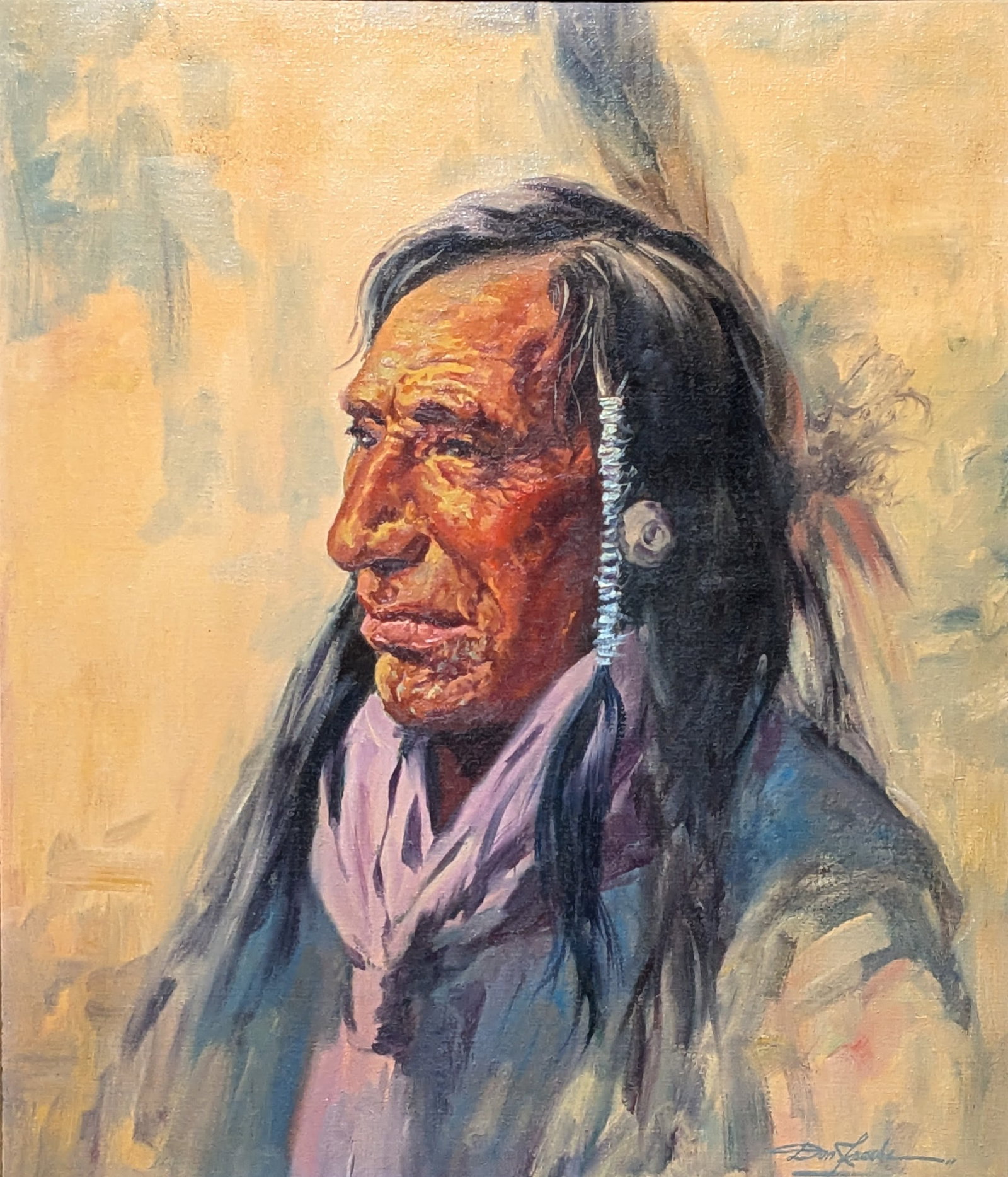 Donald Frache, Indian Chief: Donald Frache, Indian Chief, oil on canvas. Sight: 23.75" x 19.75" Frame: 29" x 25" In-house shipping is available for smaller items. Shipping is available for larger and other fragile items through