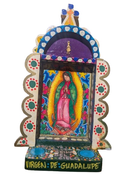 Enedina Casarez Vasquez Shadowbox, "Virgen De Guadalupe": Enedina Casarez Vasquez Shadowbox, "Virgen De Guadalupe", mixed media. 12" x 6.75" x 2.75" In-house shipping is available for smaller items. Shipping is available for larger and other fragile items