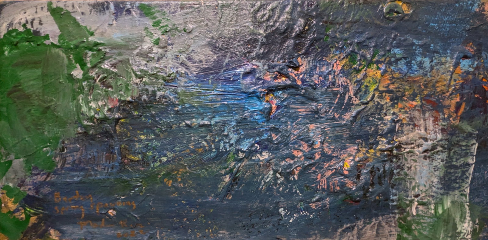 Franco Mondini-Ruiz, Barton Springs Spawning: Franco Mondini-Ruiz, Barton Springs Spawning, acrylic on canvas. 10" x 20" In-house shipping is available for smaller items. Shipping is available for larger and other fragile items through Pac Mail,