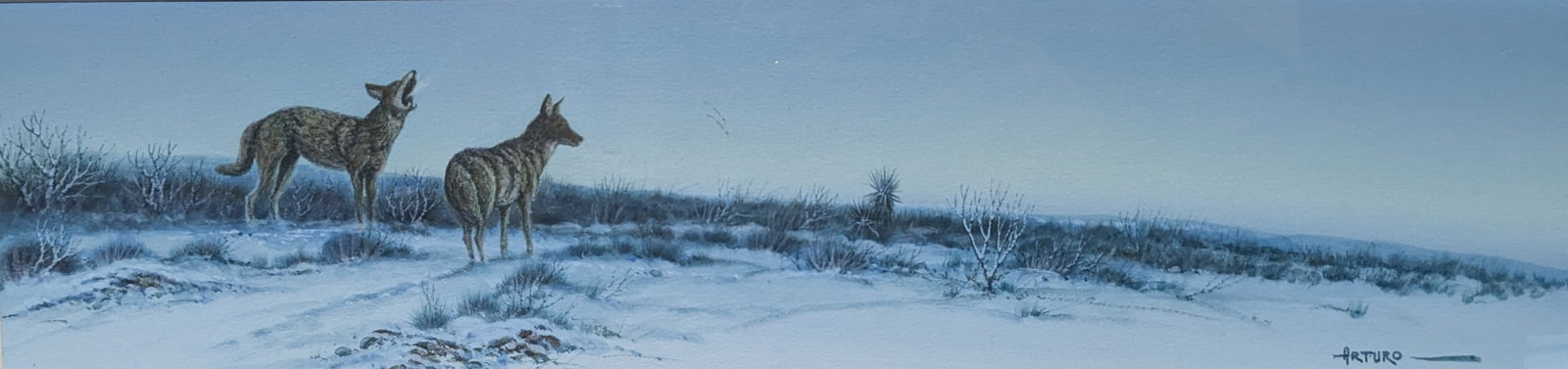 Arturo Mercado, " Lone Wolves": Arturo Mercado, " Lone Wolves". Sight: 4.75" x 19.75" Frame: 11.75" x 28.75" MERCADO, Arturo G.Born: August 26, 1938Died: June 21, 2015"I have fought the good fight, I have finished the race, I have