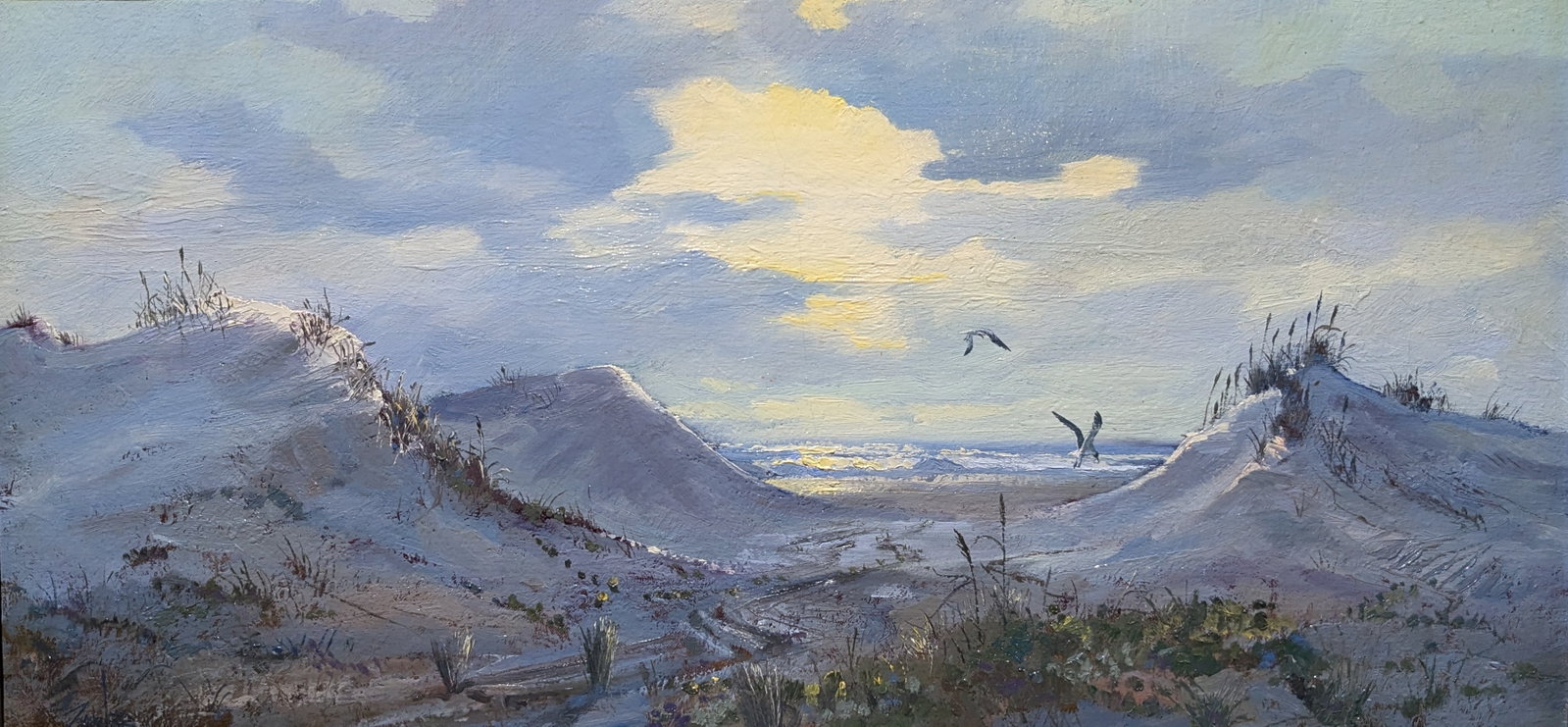 Bill Zaner, Sunrise on Padre Island: Bill Zaner, Sunrise on Padre Island, oil on canvas. Sight: 11.7" x 23.75" Frame: 19.75" x 31.75" In-house shipping is available for smaller items. Shipping is available for larger and other fragile
