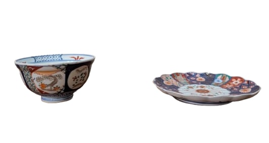 Japanese Ko-Imari Porcelain Plate & Japanese Imari Bowl: Japanese Ko-Imari Porcelain Plate & Japanese Imari Bowl. Provenance: Antique Japanese Ko-Imari Porcelain Plate Early 19th Century Characters translate to 'Rare Treasure of the Imperial Household', & J