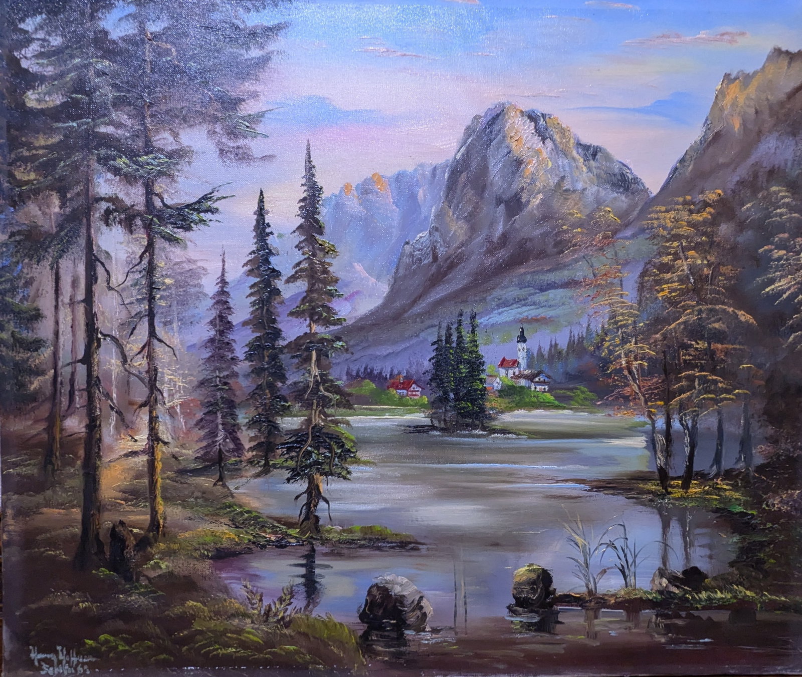 Harry Hoffman, Landscape: Harry Hoffman, Landscape, oil on canvas. 20" x 24" Harry Hoffman (20th century (act. 1961)) was active/lived in Germany. Harry Hoffman is known for European landscapes with animals, snowscenes and