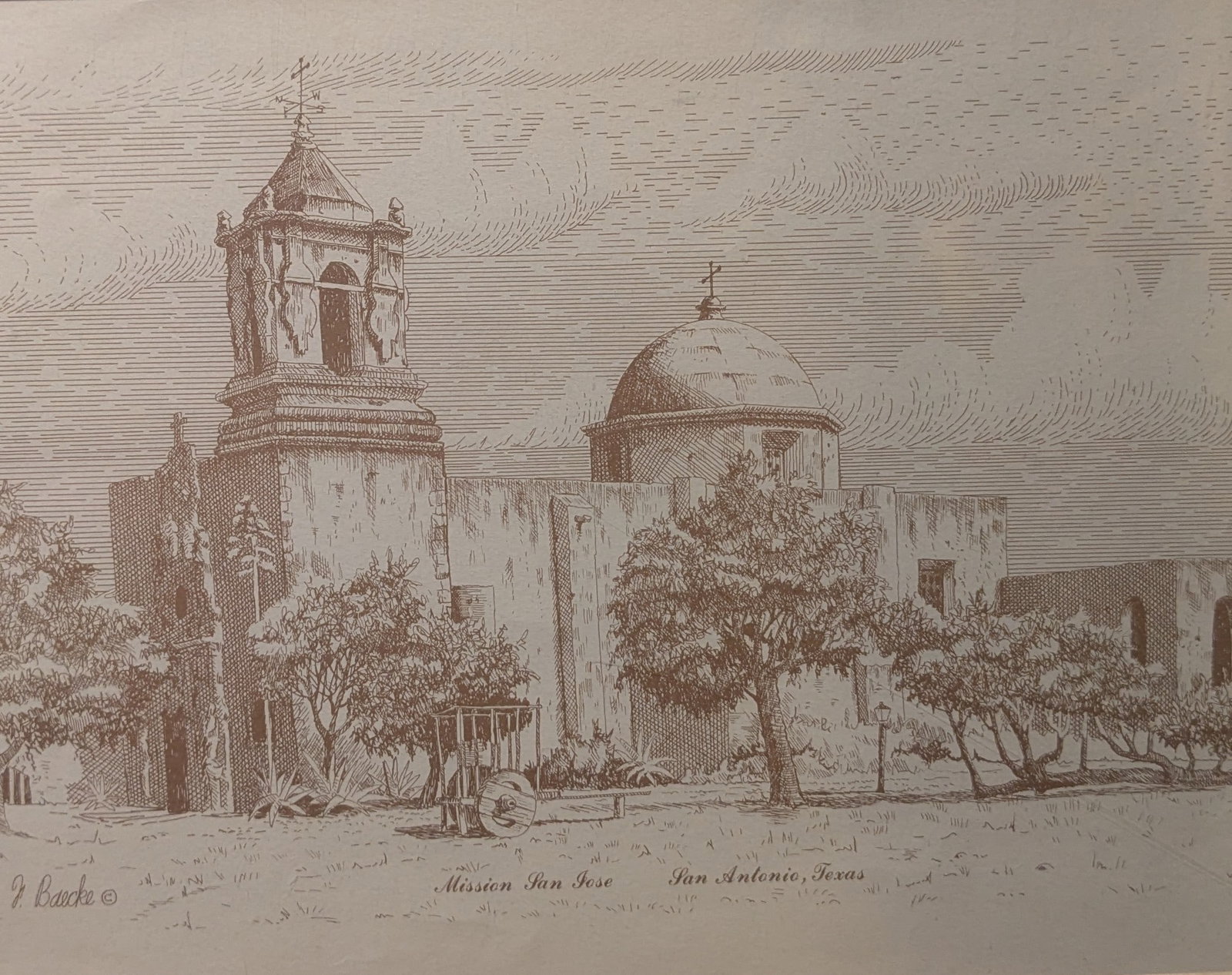 Florent Backe, "Mission San Jose, San Antonio, Texas": Florent Backe, "Mission San Jose, San Antonio, Texas", Print. Sight: 10.75" x 13.75" Frame: 16.5" x 20.75" In-house shipping is available for smaller items. Shipping is available for larger and other