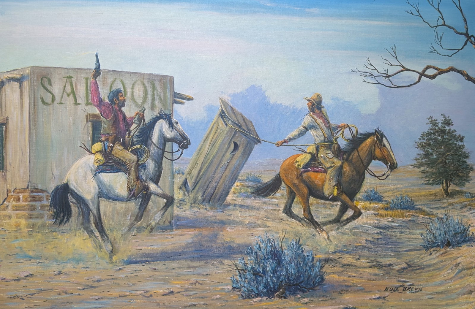 Bud Breen, "All In Fun": Bud Breen, "All In Fun", oil on canvas. Sight: 24" x 35.75" Frame: 44.75" x 32.75" In-house shipping is available for smaller items. Shipping is available for larger and other fragile items through