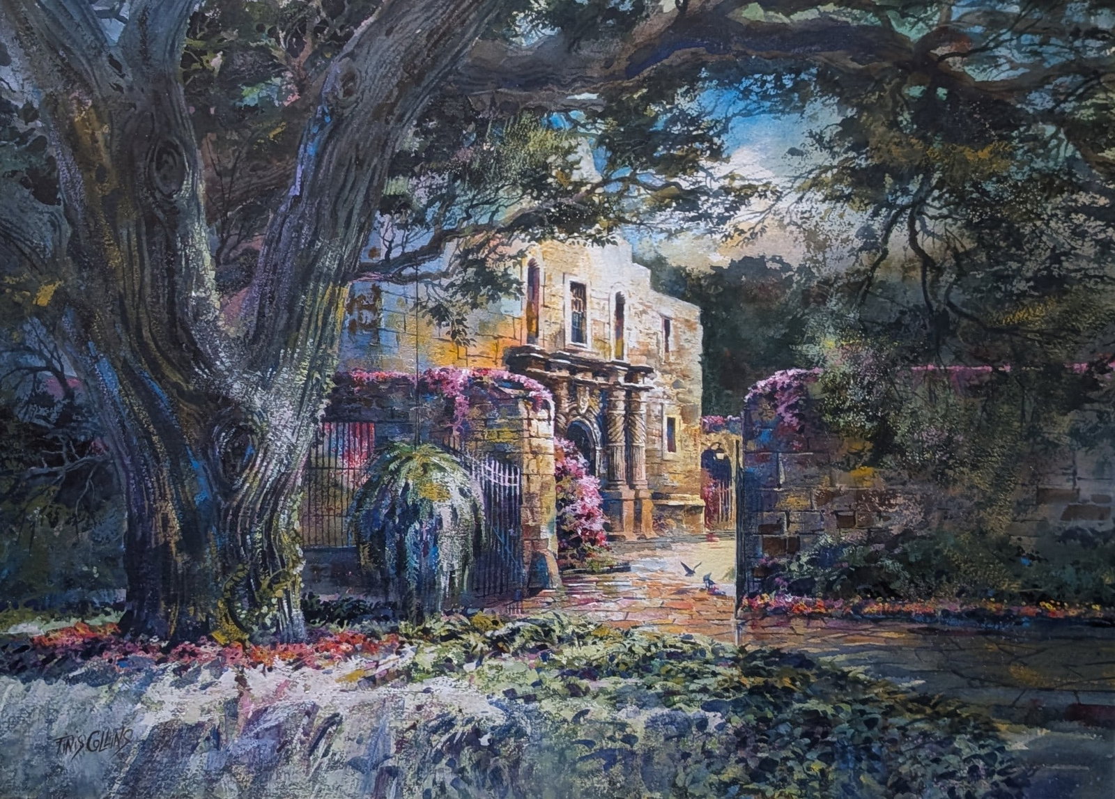 Finis Collins, Alamo: Finis Collins, Alamo , watercolor. Sight: 21.25" x 28.75" Frame: 32.75" x 40.75" In-house shipping is available for smaller items. Shipping is available for larger and other fragile items through Pac