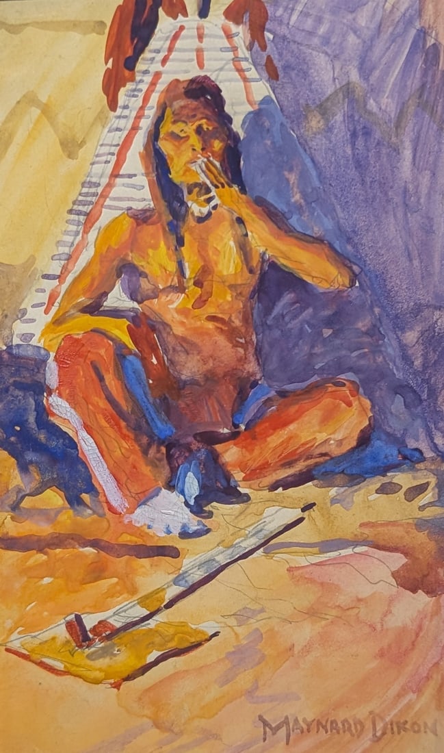 Maynard Dixon, Peace Pipe: Maynard Dixon, Peace Pipe, watercolor. Sight: 11.25" x 15.25" Frame: 16.25" x 20.5" In-house shipping is available for smaller items. Shipping is available for larger and other fragile items through