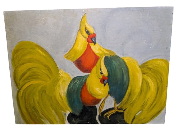 Mid 20th Century Fancy Golden Pheasants: Mid 20th Century Fancy Golden Pheasants, oil on wood panel. 19" x 26" x 0.25" In-house shipping is available for smaller items. Shipping is available for larger and other fragile items through Pac