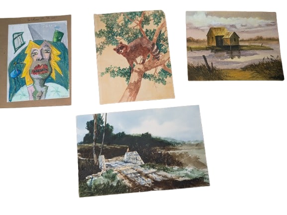 Assorted Watercolors & Mixed Media: Assorted Watercolors & Mixed Media, Watercolor & Mixed Media. Abstract Woman- Kim Hutchener "UBI SUNT"- Mixed MediaDavid Nichols- Bridge- WatercolorHouse next to Pond- P. Wreath- Watercolor In-house s